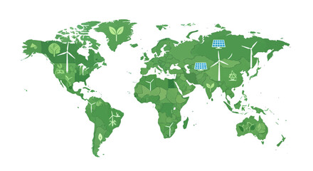 Green world map symbolizing global commitment to environmental sustainability, renewable energy, and eco-friendly initiatives for a cleaner, healthier planet