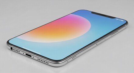 A sleek, silver-framed smartphone displaying a vibrant, abstract gradient wallpaper on its screen, resting on a clean white background.