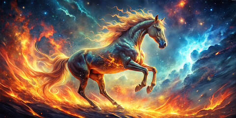 Obraz premium A stunning horse charges through a landscape filled with swirling colors and cosmic flames