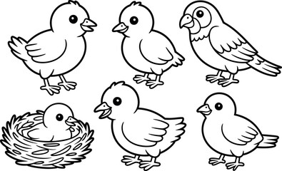Adorable Cartoon Chicks and Bird, Black and White Line Art, Happy Mood