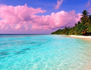 Fototapeta premium pink sunset on the sea. maldives tropical paradise.
