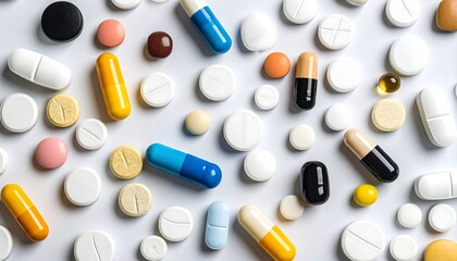 Assorted pills and capsules on a white background