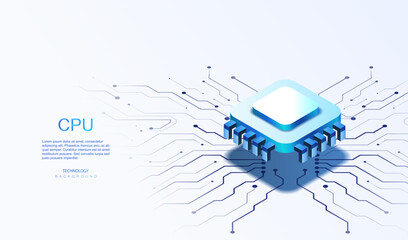 CPU A.I. isometric background. Futuristic microchip ai processor with circuit board concept. Quantum computer database. Central Computer Processors CPU design. Digital chip banner vector.