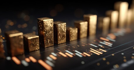 Golden bar chart representing finance and data trends on futuristic background