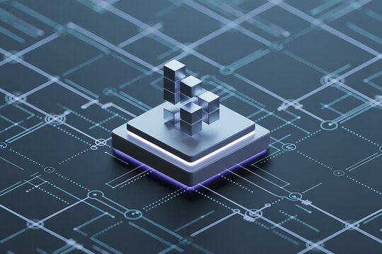 Futuristic digital data analysis platform with glowing circuit board and 3D bar graph technology