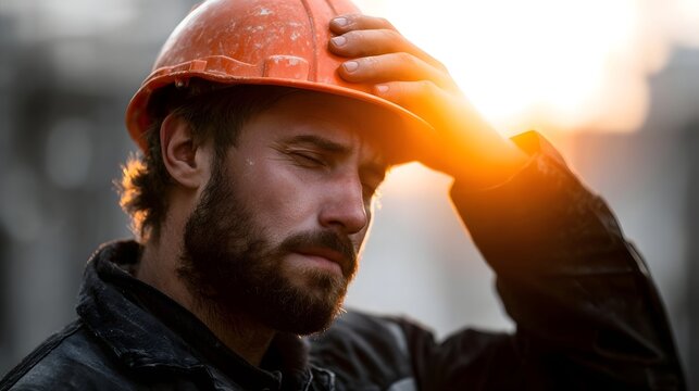 Hardworking construction worker wiping sweat from his brow during an exhausting moment on the job