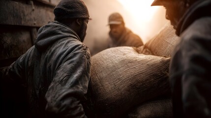 Laborers unloading heavy sacks from a truck in a coordinated team effort