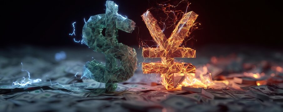Digital representation of dollar and yen in a dynamic financial concept
