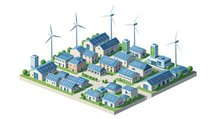 Sustainable community concept showcasing an eco-friendly town powered by renewable solar panels and wind turbine energy sources