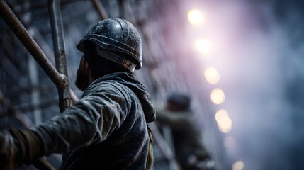 Construction workers climbing scaffolding with safety gear in harsh lighting conditions