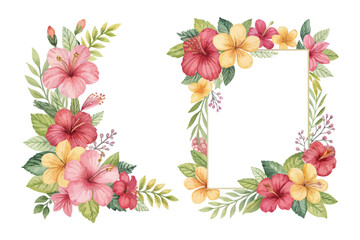 Watercolor tropical Hibiscus floral frames
