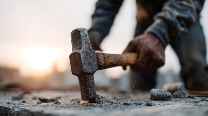 Construction worker hammering steel rod into foundation