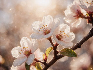 Obraz premium White cherry blossoms in full bloom on tree branch with morning dew and warm sunlight bokeh