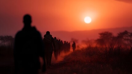Fototapeta premium Migrant laborers walking to work at sunrise on a dusty trail