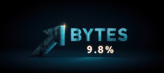 Glowing digital arrow and text representation of data growth and bytes