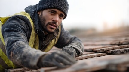 Fototapeta premium Roofer installing tiles under harsh sunlight