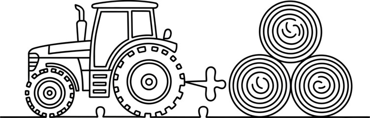 Simple Line Art Tractor Harvesting Hay Bales on Farmland
