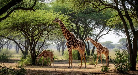 Naklejka premium Giraffe family foraging among acacia trees in the serengeti ecosystem landscape Africa