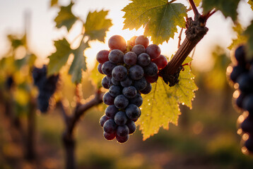 Ripe purple grapes hanging on vine in vineyard at golden sunset, macro close-up with bokeh