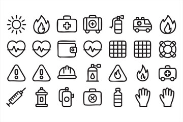 Emergency and First Aid Icons Set in Clean Line Vector Style
