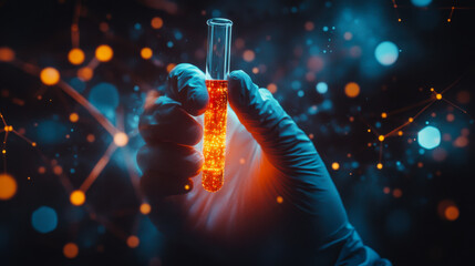 Scientist experimenting with glowing liquid in laboratory setting during night hours