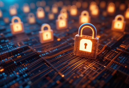 Cifrado de datos digitales visualizado como iconos de candados brillantes flotando sobre flujos de código binario