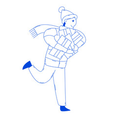 Man with Christmas gift. Happy human in warm winter clothes holding gift box and run.