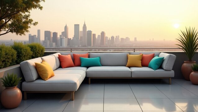 Moderno sofá de patio en forma de L con cojines vibrantes y desiguales en tonos turquesa, amarillo y coral