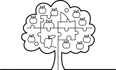 Apple Tree Puzzle:  Simple Line Art, Teamwork Concept, Growth Strategy