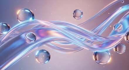 Abstract 3D background with flowing iridescent waves and transparent liquid spheres representing science and beauty concepts