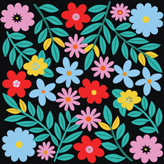 Fototapeta premium Colorful flowers seamless pattern,vector illustration hand drawn style, floral doodle background,minimal botanical art, funny basic nature shapes wallpaper.