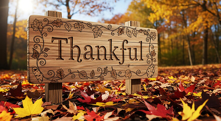 Thankful wooden sign with leaf carvings surrounded by autumn leaves in a forest setting ai generated