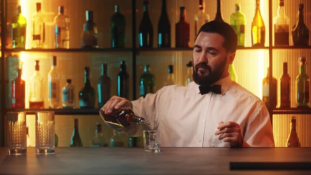 Bearded bartender in bowtie pouring liquor into glass with ice, serving drink