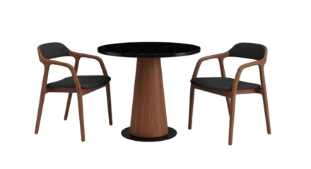 A modern round table with a unique surface sits between two stylish wooden armchairs on display.