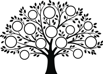Family,tree,vector,illustration,silhouette,black,white,branches,leaves,circles,template,design,genealogy,chart,structure,blank,placeholders,ediustration,silhouette,lack,white,branches,leaves,circles,