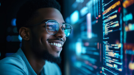 Smiling young man enjoying coding in a modern tech workspace with glowing screens