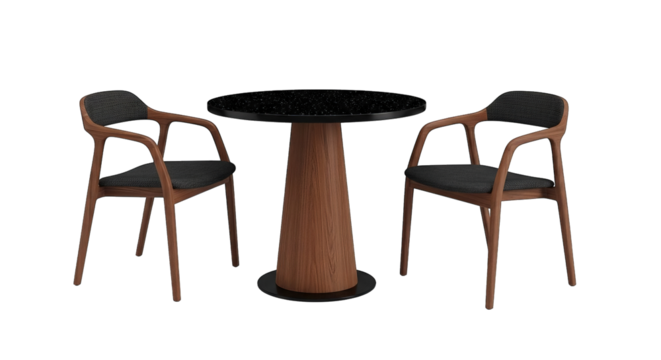 A modern round table with a unique surface sits between two stylish wooden armchairs on display.