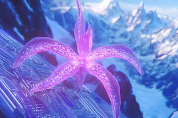 Digital flower with bioluminescent details on a circuit board in a cold mountain landscape. Technology and nature fusion concept.