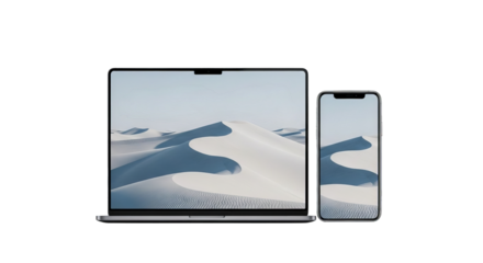 Laptop and a Mobile Phone Displaying Serene White Desert Dunes against a Black Background