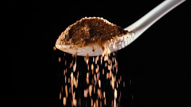 Detailed Close Up of Porcelain Spoon Filled with a Rich Blend of Brown and Tan Spices Against a Stark Black Background with Focused Lighting Perfect for Food and Culinary Projects