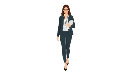 Illustration of a professional businesswoman in formal office attire holding documents and a pen, representing confidence and professionalism.
