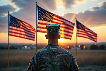 Soldier honors american flags at sunset revealing patriotism in a national landscape representing veterans day and memorial day