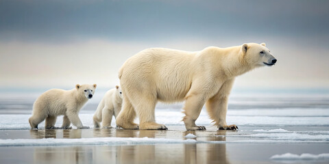 A mother polar bear leads her two cubs across a frozen landscape in the Arctic. The soft morning light illuminates their white fur as they navigate the icy terrain together