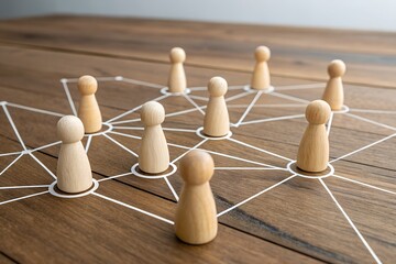 Obraz premium Wooden figures connected by lines on a wooden surface on transparent background