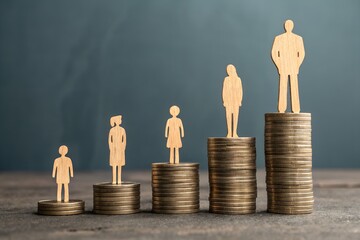 Gender pay gap shown with coins and wooden figurines on transparent background