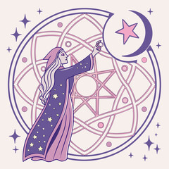 Vector art of mystical woman with celestial elements and geometric background