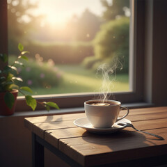 Steaming Coffee Cup on Wooden Table at Sunrise