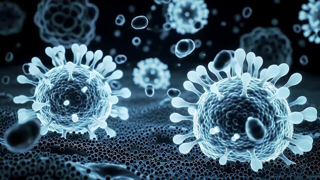 Detailed Microscopic View of Translucent Blue Viruses with Spikes on Dark Background Representing Viral Infections Immunology and Cellular Biology with Minute Black Spheres