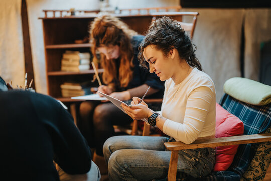 A group of people engrossed in artistic activities and writing in a cozy workspace. The scene highlights creativity, teamwork, and the vibrant atmosphere of a well-used creative studio. - Powered by Adobe