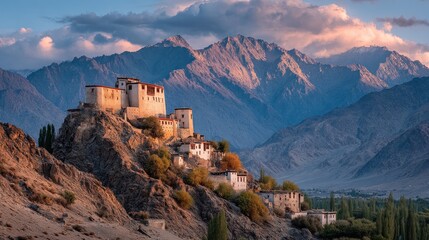 Naklejka premium Captivating sunset view of a monastery nestled atop a rugged mountain landscape